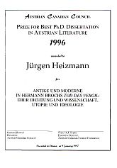 Certificate presented to 1996 Winner, Juergen Heizmann